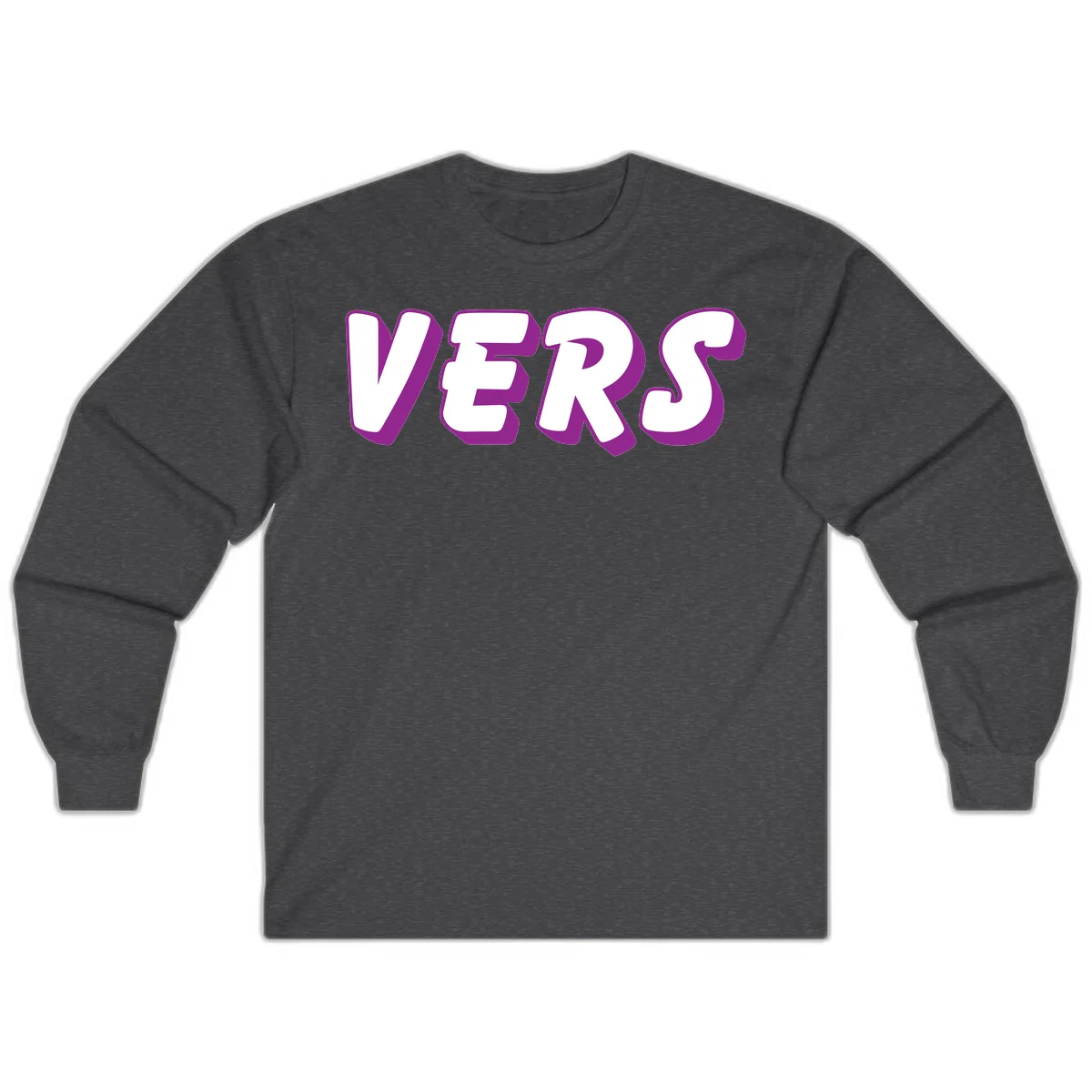Bold purple and white 3D lettering spelling 'VERS' on gray background, vers pride statement design in Dark Heather