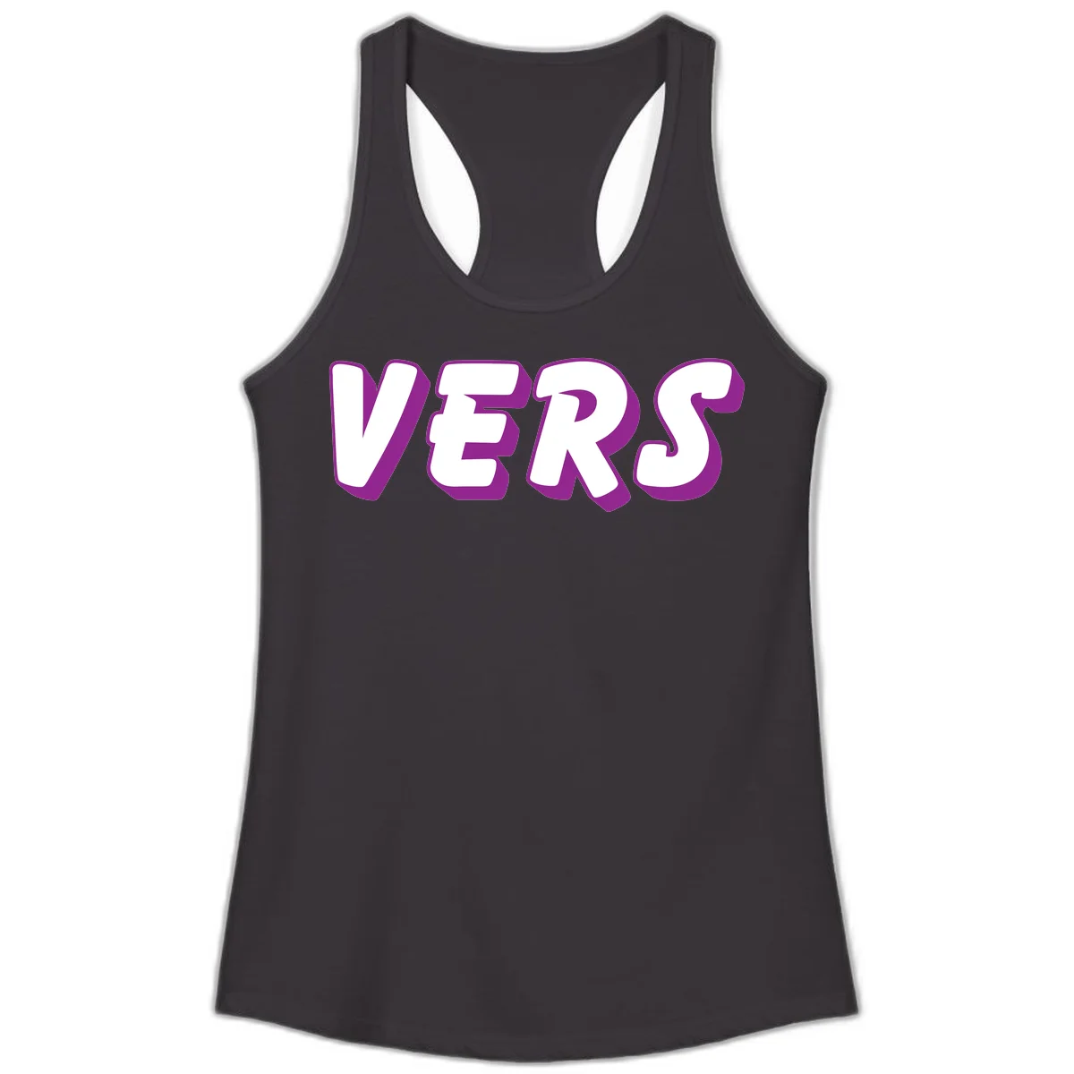 Bold purple and white 3D lettering spelling 'VERS' on gray background, vers pride statement design in Black