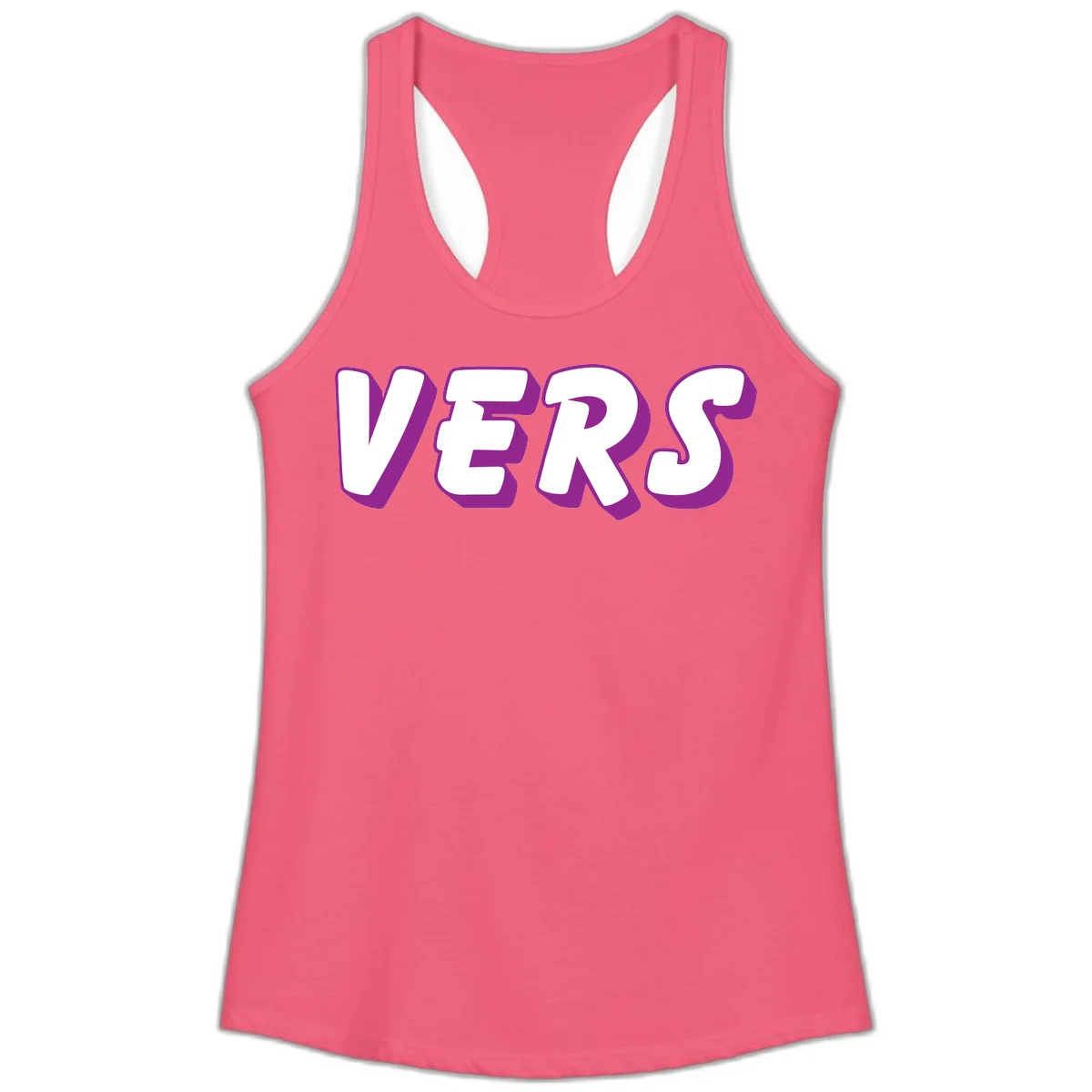 Bold purple and white 3D lettering spelling 'VERS' on gray background, vers pride statement design in Hot Pink