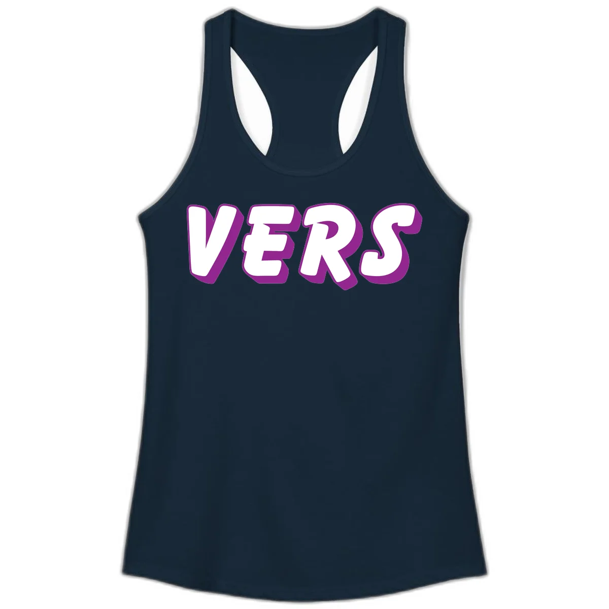 Bold purple and white 3D lettering spelling 'VERS' on gray background, vers pride statement design in Solid Midnight Navy