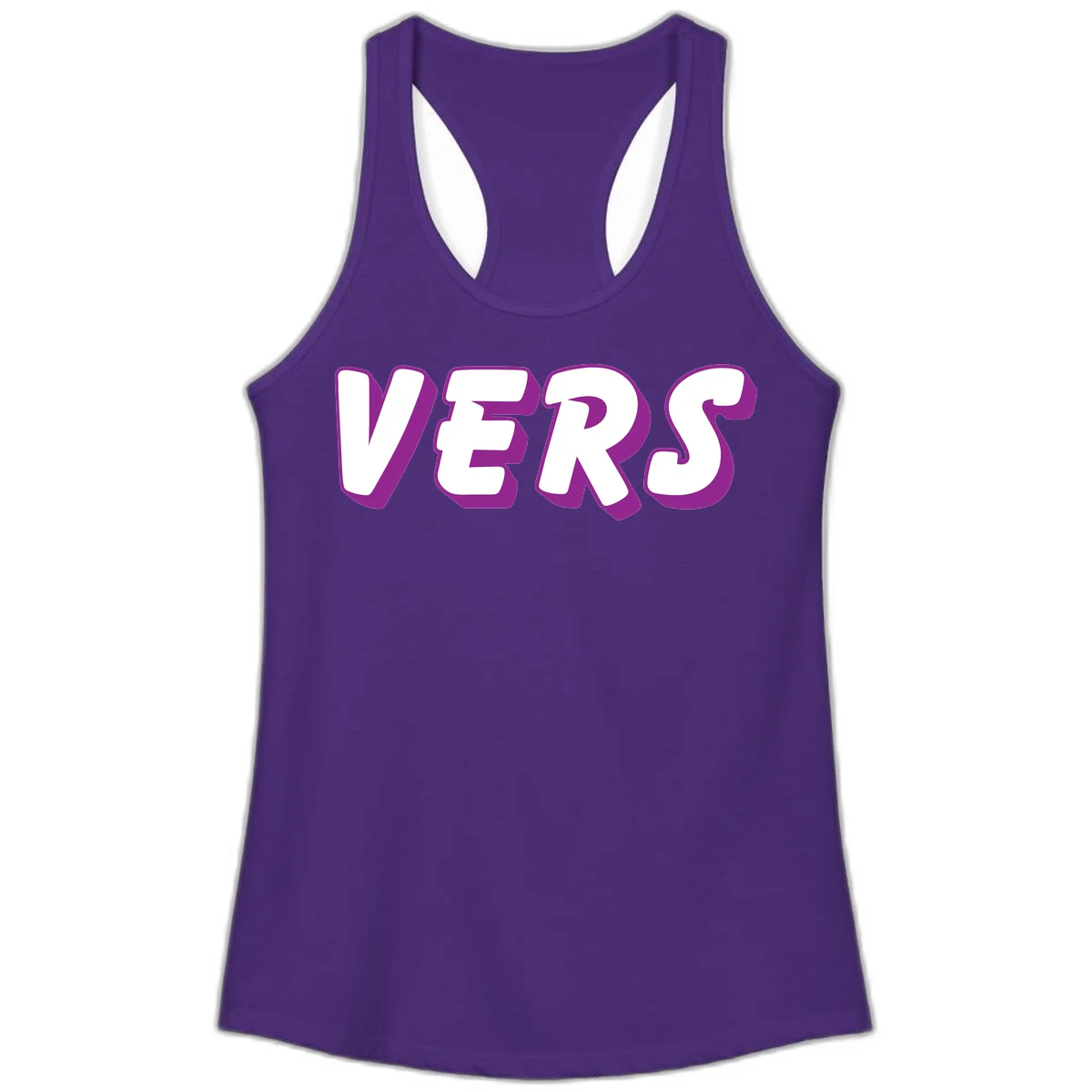 Bold purple and white 3D lettering spelling 'VERS' on gray background, vers pride statement design in Solid Purple Rush