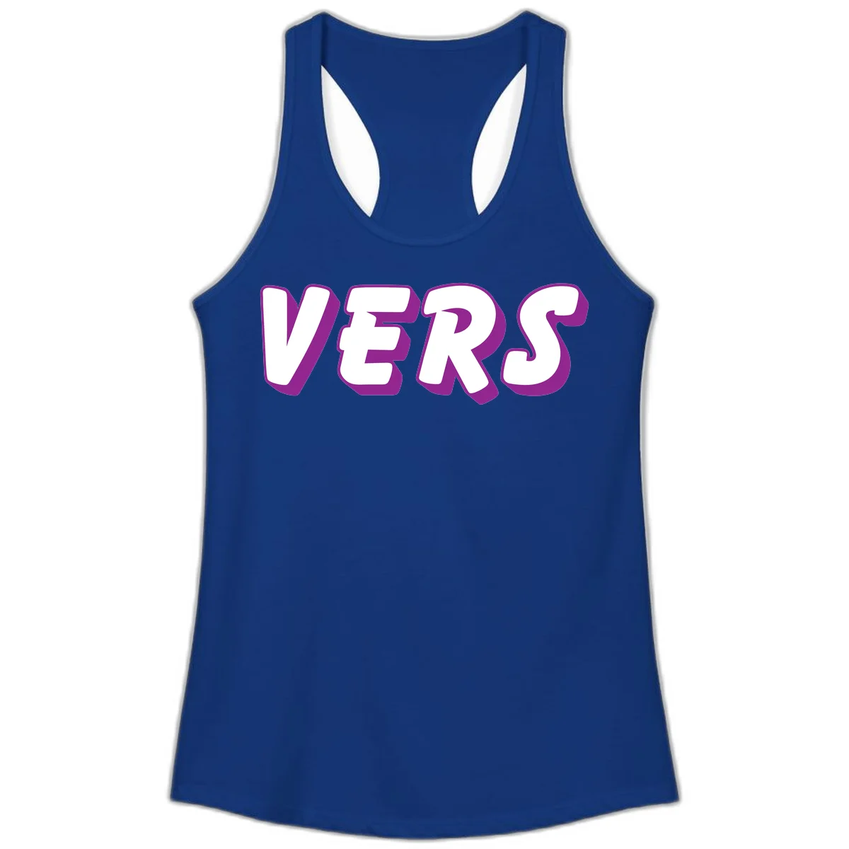 Bold purple and white 3D lettering spelling 'VERS' on gray background, vers pride statement design in Solid Royal