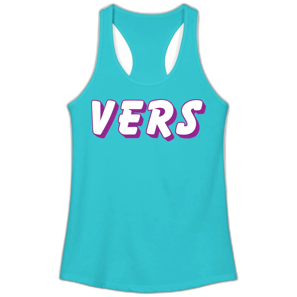 Bold purple and white 3D lettering spelling 'VERS' on gray background, vers pride statement design in Solid Tahiti Blue