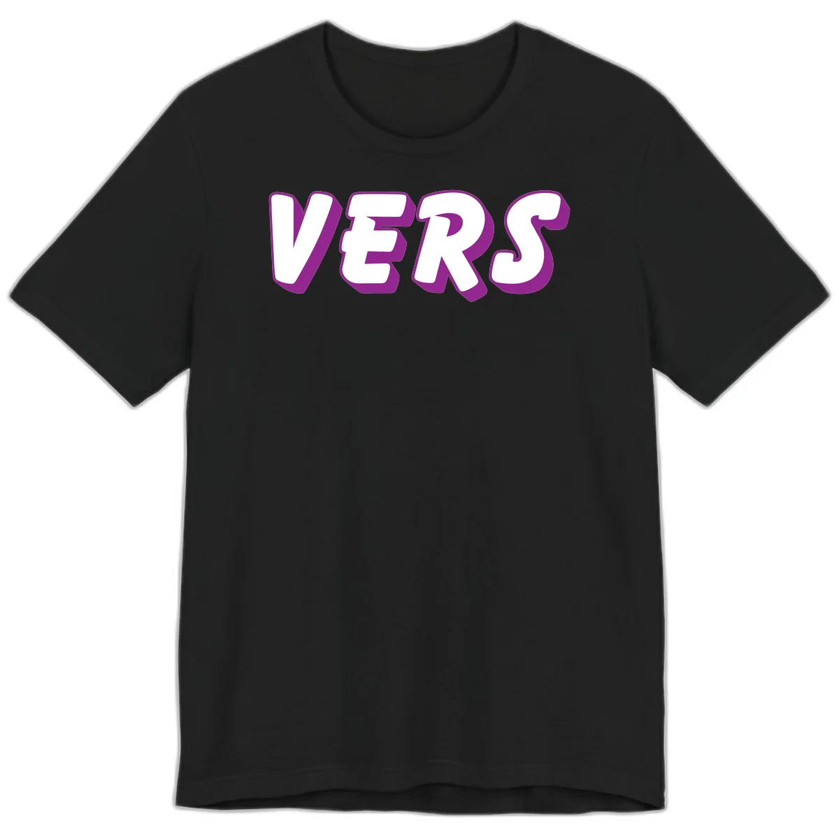 Bold purple and white 3D lettering spelling 'VERS' on gray background, vers pride statement design in Black
