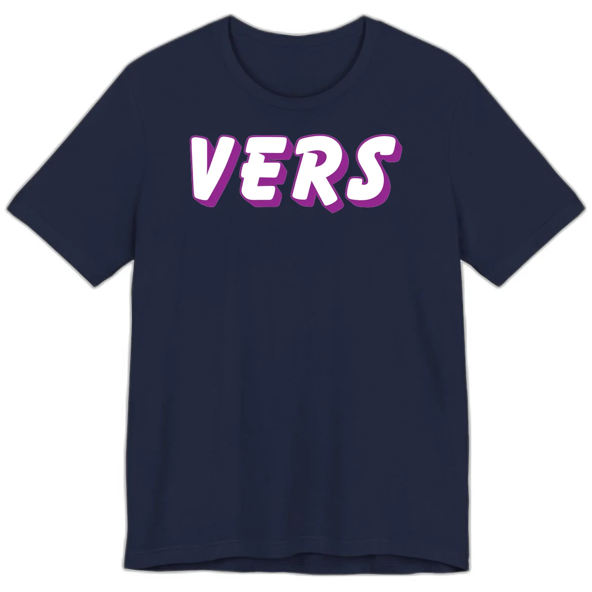 Bold purple and white 3D lettering spelling 'VERS' on gray background, vers pride statement design in Navy