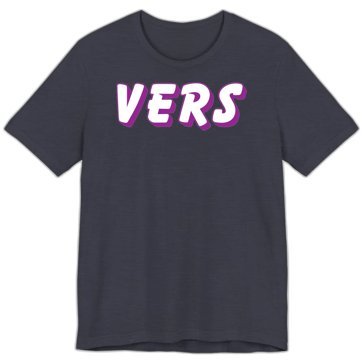 Bold purple and white 3D lettering spelling 'VERS' on gray background, vers pride statement design in Heather Midnight Navy