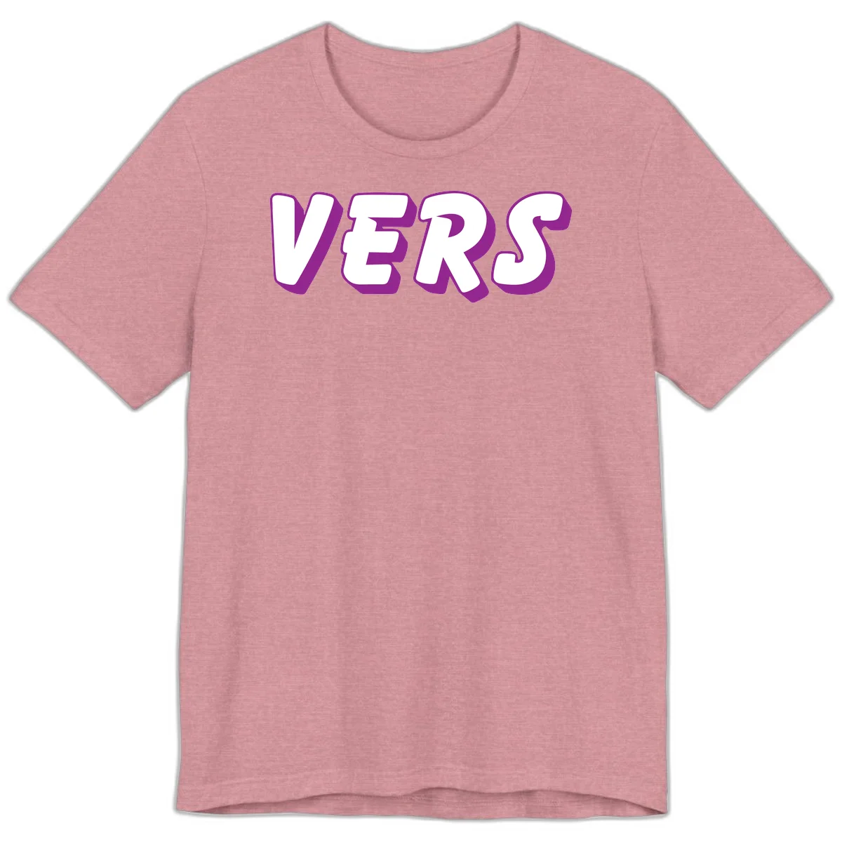 Bold purple and white 3D lettering spelling 'VERS' on gray background, vers pride statement design in Heather Orchid