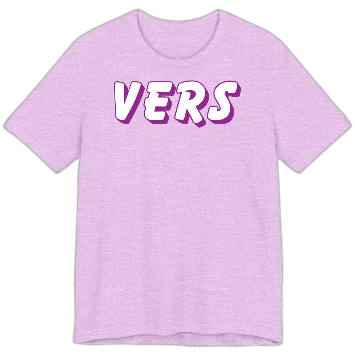 Bold purple and white 3D lettering spelling 'VERS' on gray background, vers pride statement design in Heather Prism Lilac