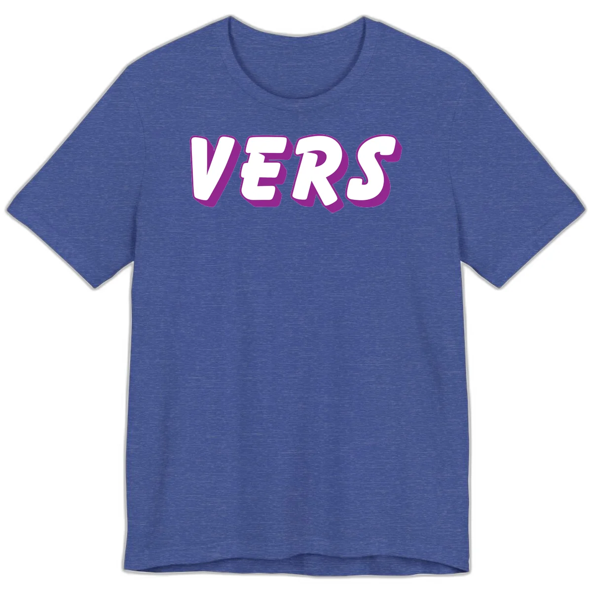 Bold purple and white 3D lettering spelling 'VERS' on gray background, vers pride statement design in Heather True Royal