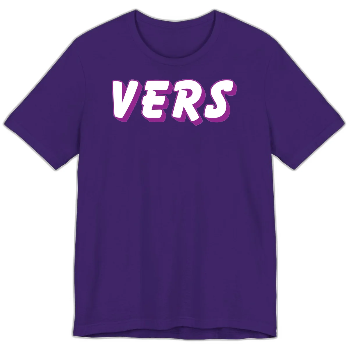 Bold purple and white 3D lettering spelling 'VERS' on gray background, vers pride statement design in Team Purple