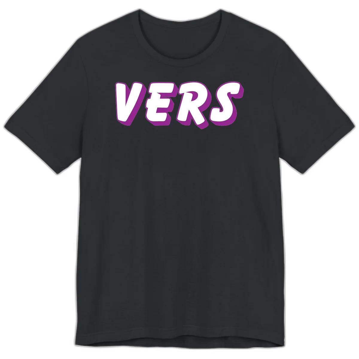 Bold purple and white 3D lettering spelling 'VERS' on gray background, vers pride statement design in Vintage Black