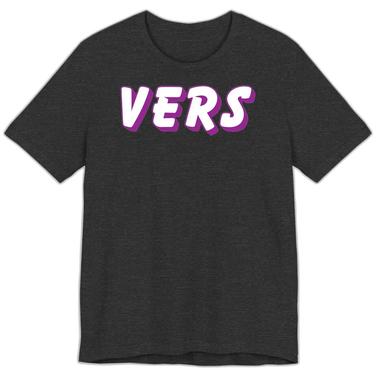 Bold purple and white 3D lettering spelling 'VERS' on gray background, vers pride statement design in Dark Grey Heather