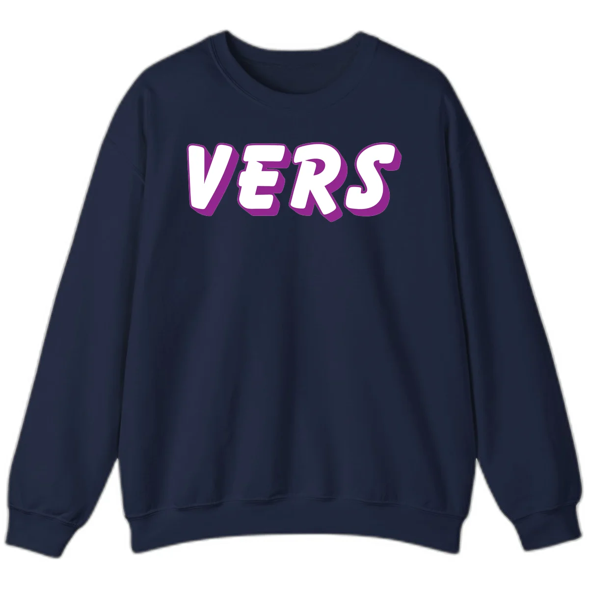 Bold purple and white 3D lettering spelling 'VERS' on gray background, vers pride statement design in Navy