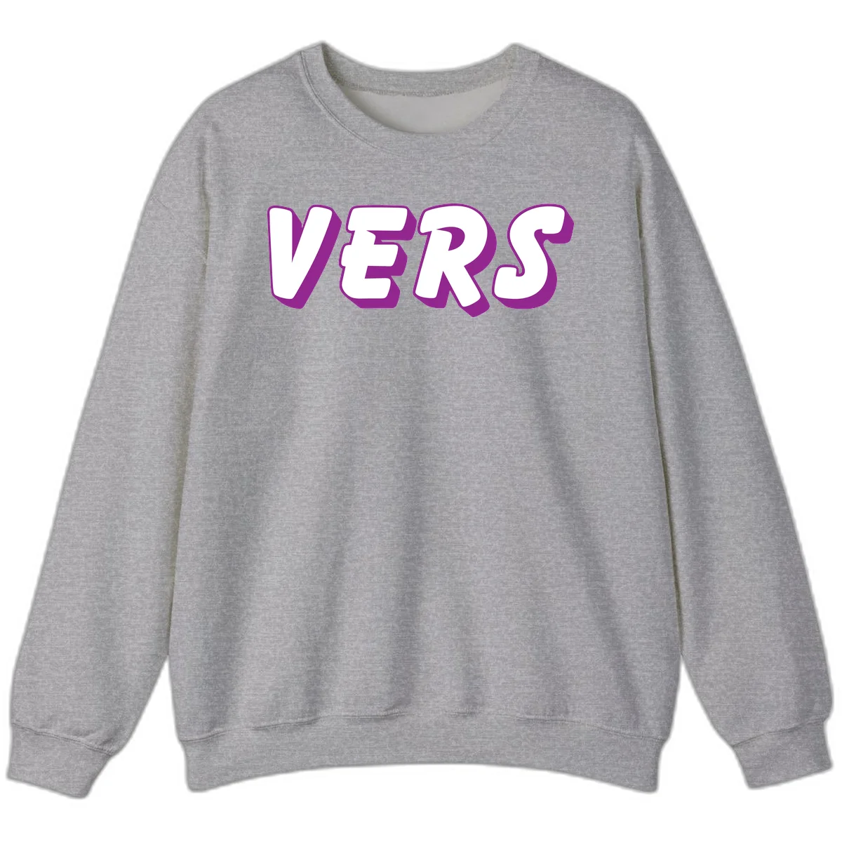 Bold purple and white 3D lettering spelling 'VERS' on gray background, vers pride statement design in Sport Grey