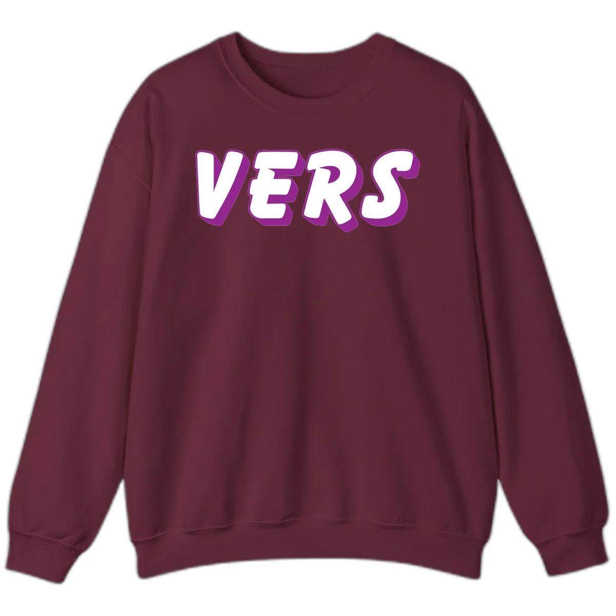 Bold purple and white 3D lettering spelling 'VERS' on gray background, vers pride statement design in Maroon