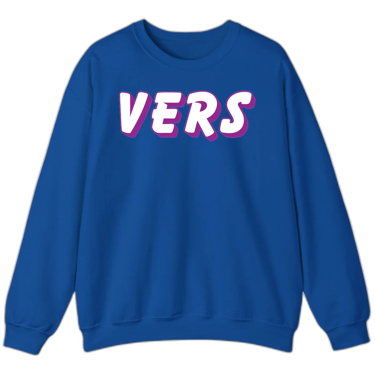 Bold purple and white 3D lettering spelling 'VERS' on gray background, vers pride statement design in Royal