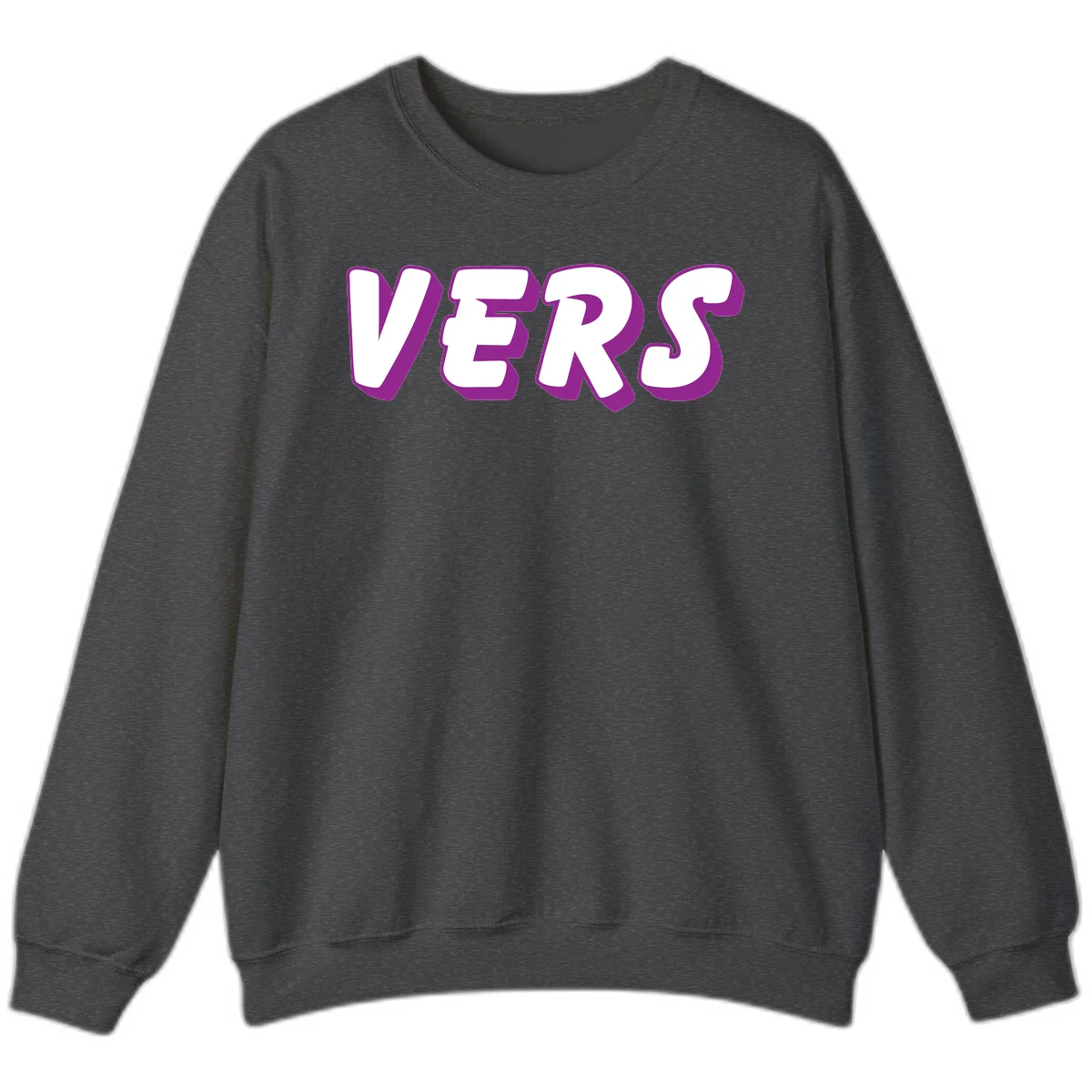 Bold purple and white 3D lettering spelling 'VERS' on gray background, vers pride statement design in Dark Heather