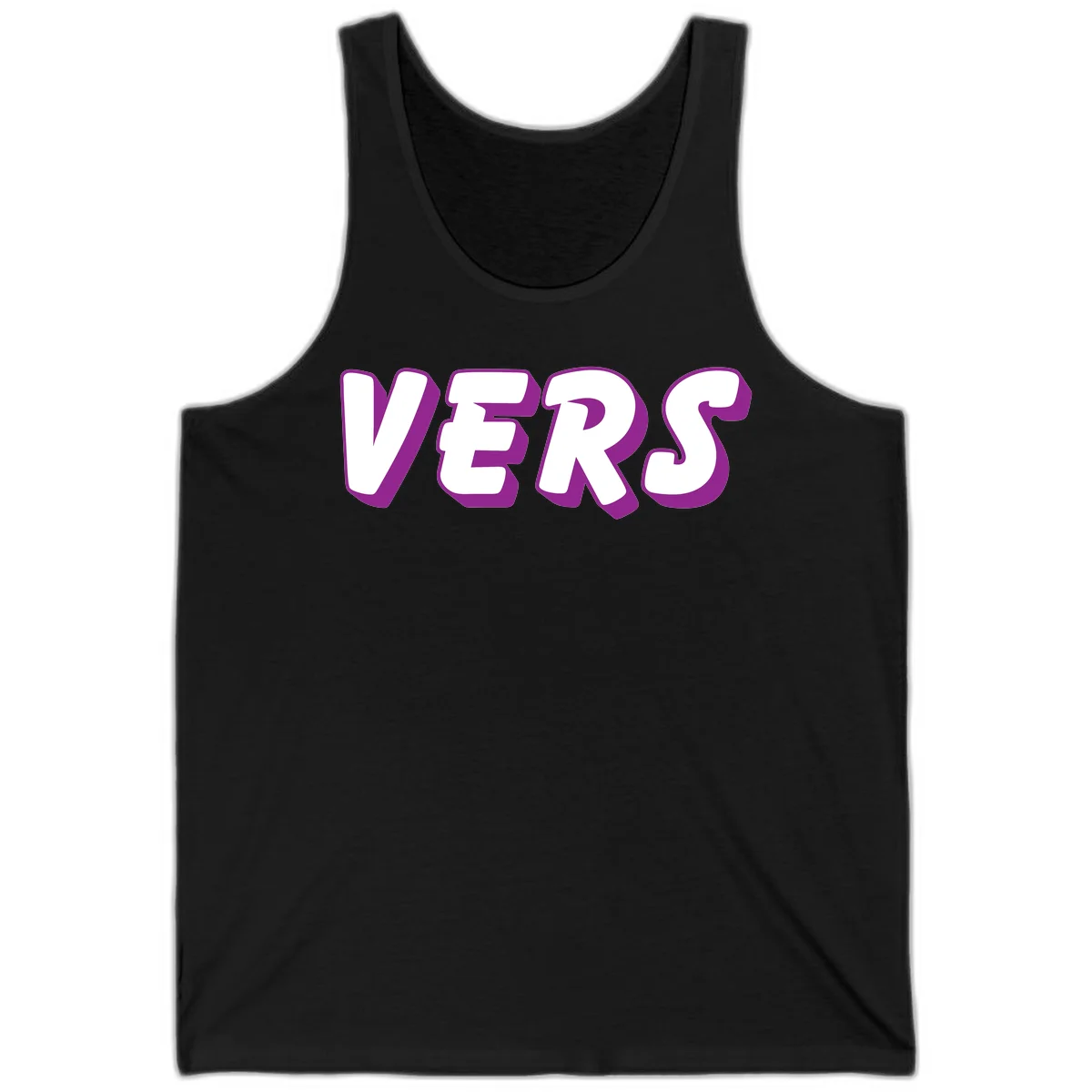 Bold purple and white 3D lettering spelling 'VERS' on gray background, vers pride statement design in Black