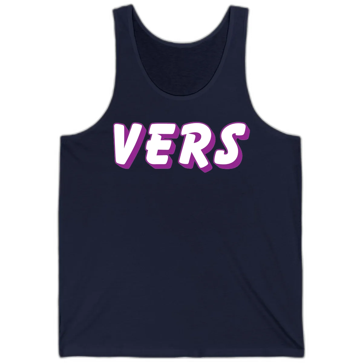 Bold purple and white 3D lettering spelling 'VERS' on gray background, vers pride statement design in Navy