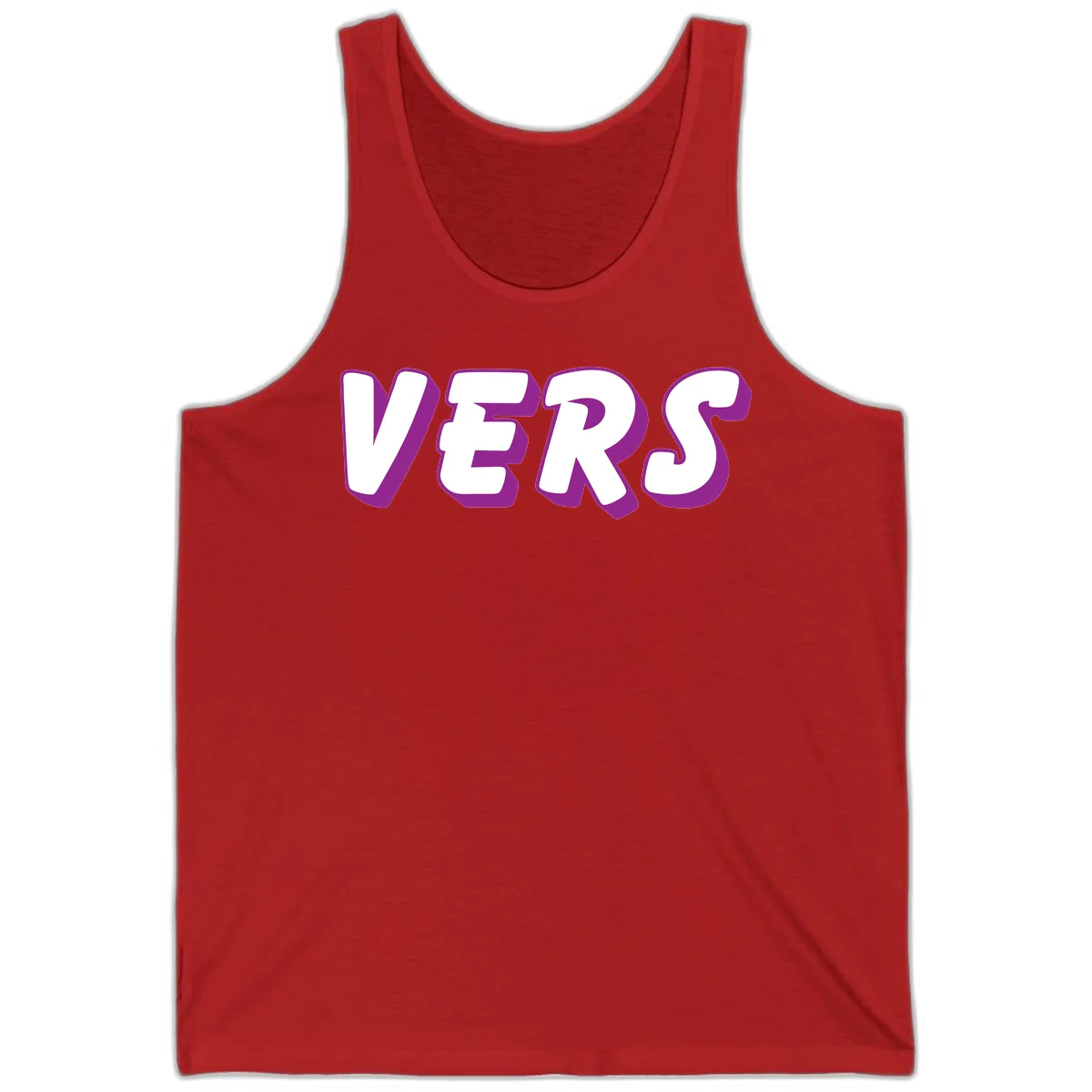 Bold purple and white 3D lettering spelling 'VERS' on gray background, vers pride statement design in Red