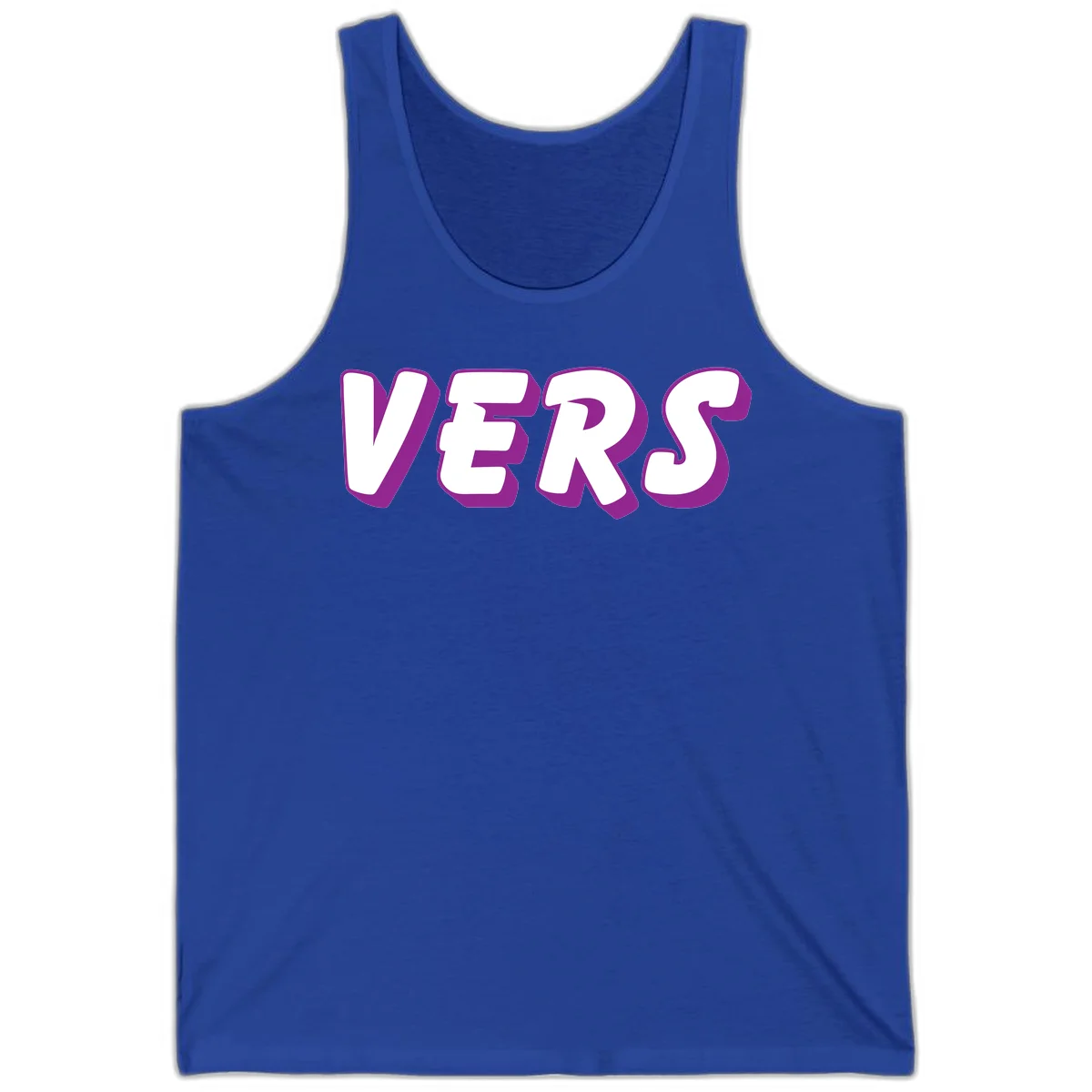 Bold purple and white 3D lettering spelling 'VERS' on gray background, vers pride statement design in True Royal