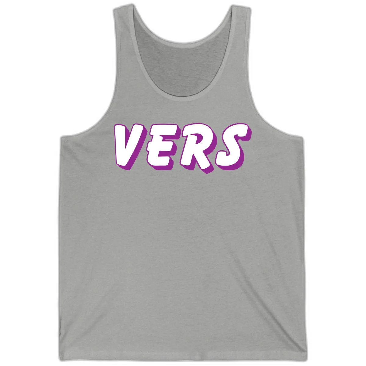 Bold purple and white 3D lettering spelling 'VERS' on gray background, vers pride statement design in Athletic Heather