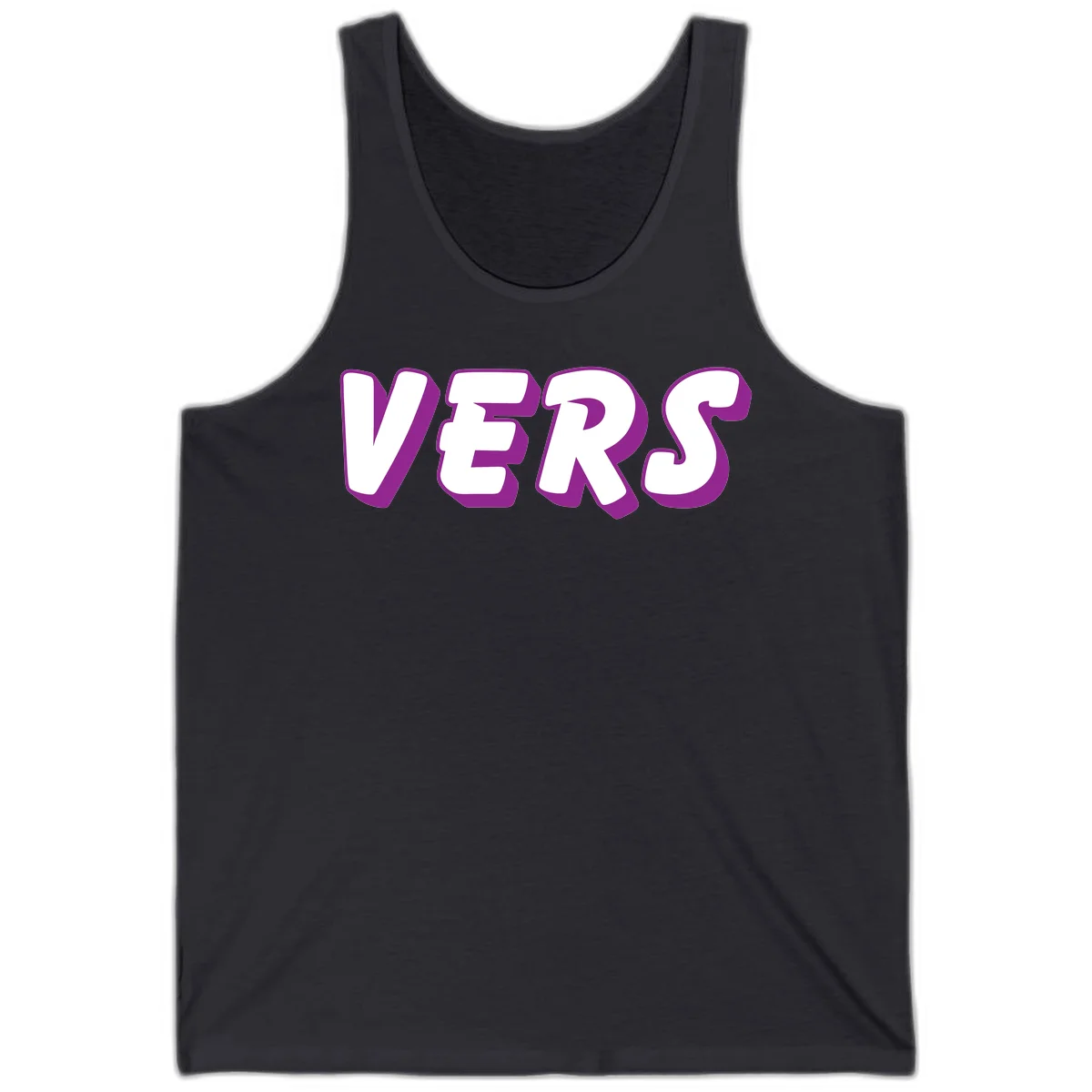 Bold purple and white 3D lettering spelling 'VERS' on gray background, vers pride statement design in Dark Grey