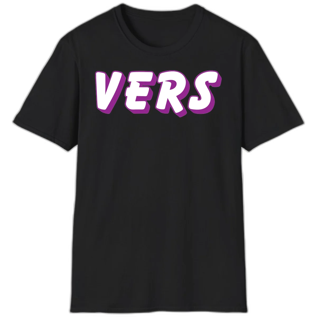 Bold purple and white 3D lettering spelling 'VERS' on gray background, vers pride statement design in Black