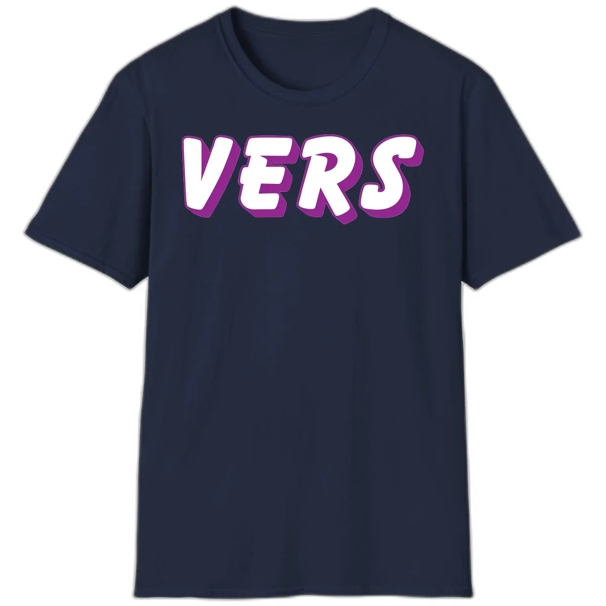 Bold purple and white 3D lettering spelling 'VERS' on gray background, vers pride statement design in Navy