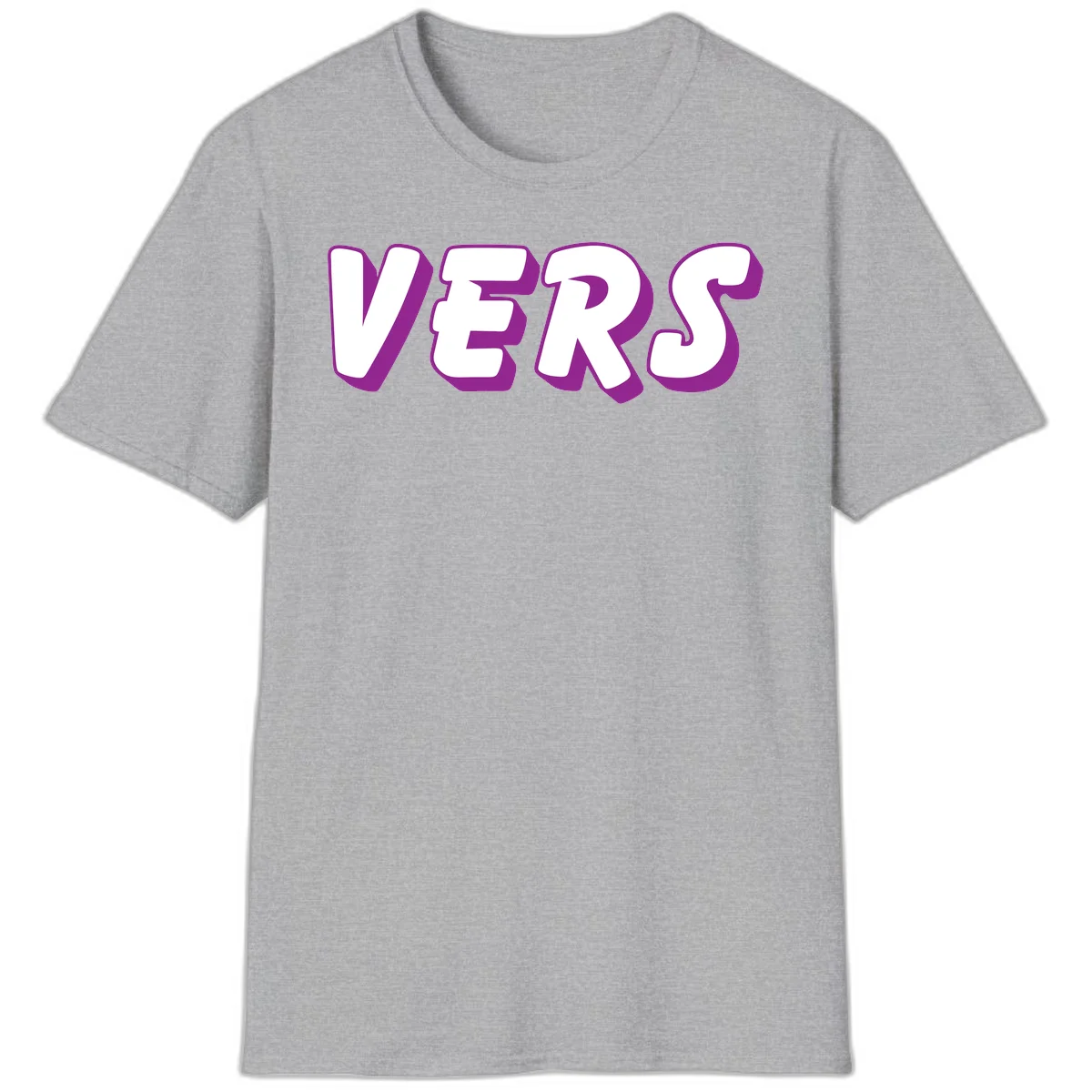 Bold purple and white 3D lettering spelling 'VERS' on gray background, vers pride statement design in Sport Grey
