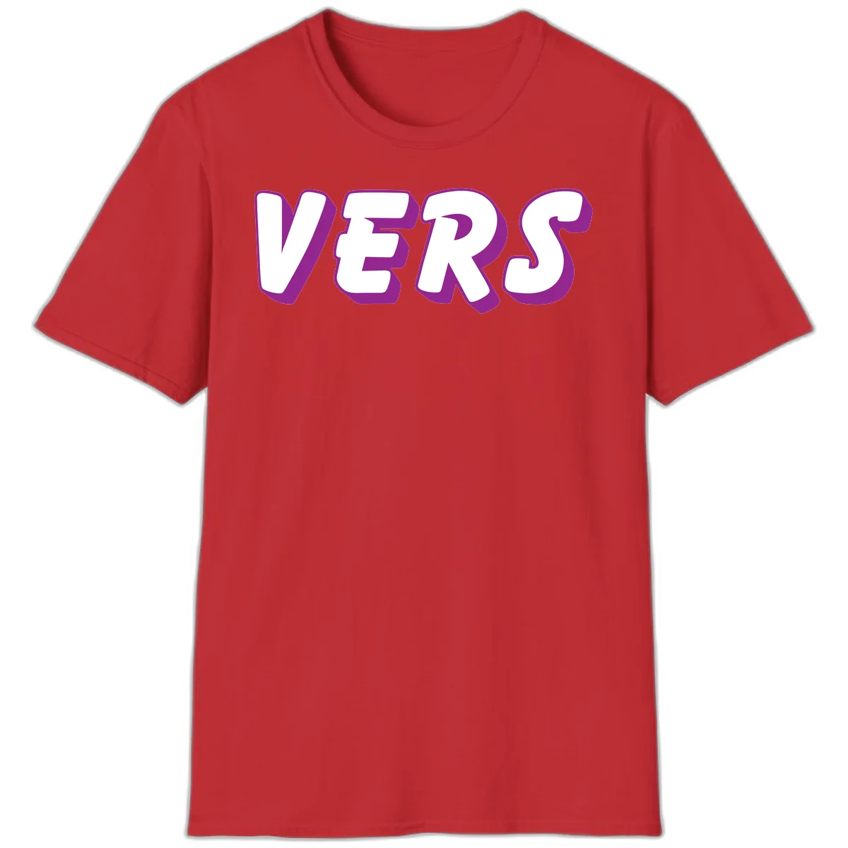 Bold purple and white 3D lettering spelling 'VERS' on gray background, vers pride statement design in Red