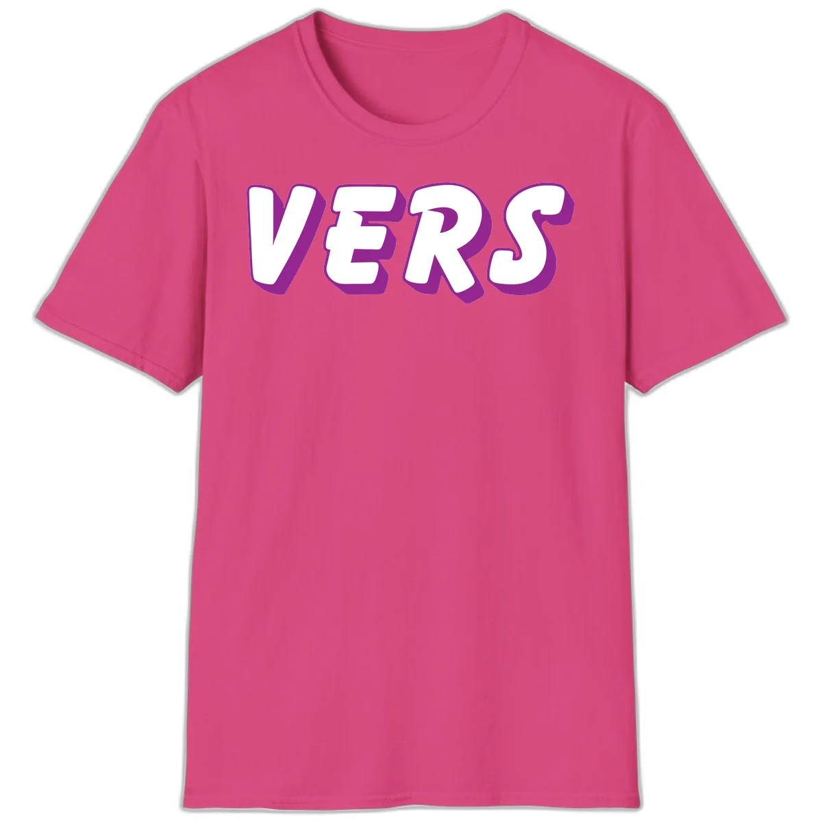 Bold purple and white 3D lettering spelling 'VERS' on gray background, vers pride statement design in Heliconia