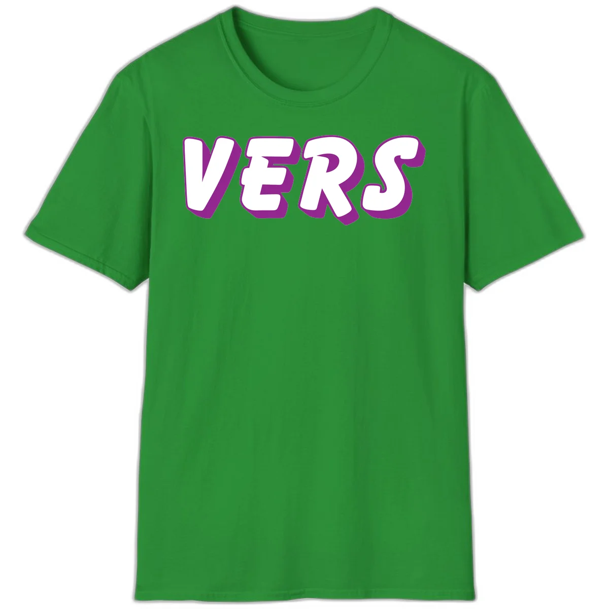 Bold purple and white 3D lettering spelling 'VERS' on gray background, vers pride statement design in Irish Green