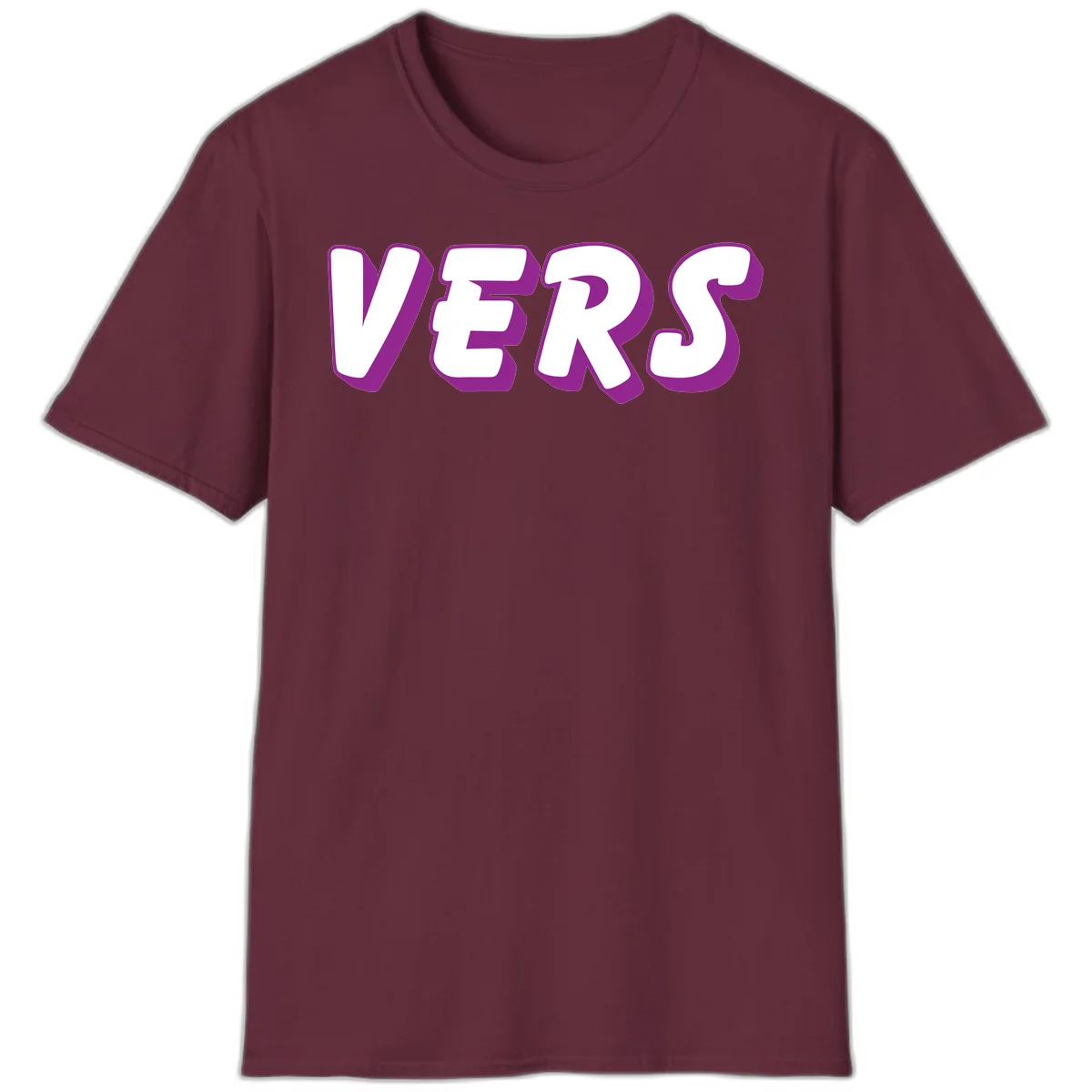 Bold purple and white 3D lettering spelling 'VERS' on gray background, vers pride statement design in Maroon