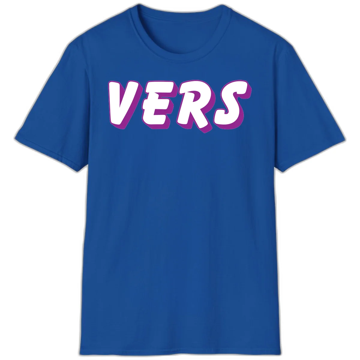 Bold purple and white 3D lettering spelling 'VERS' on gray background, vers pride statement design in Royal