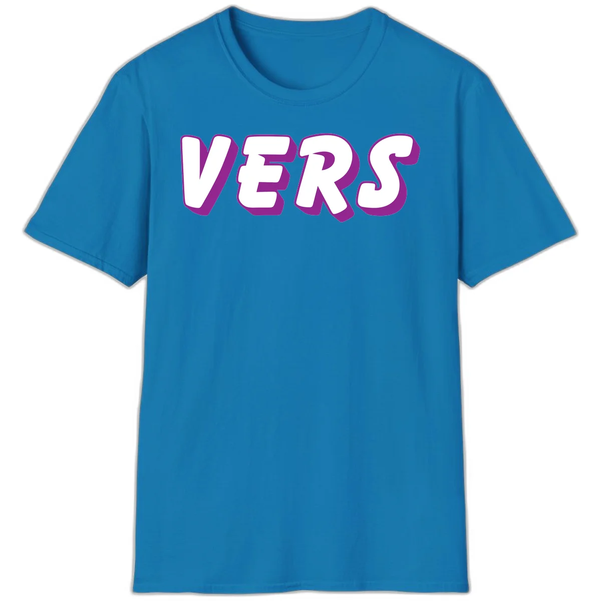 Bold purple and white 3D lettering spelling 'VERS' on gray background, vers pride statement design in Sapphire