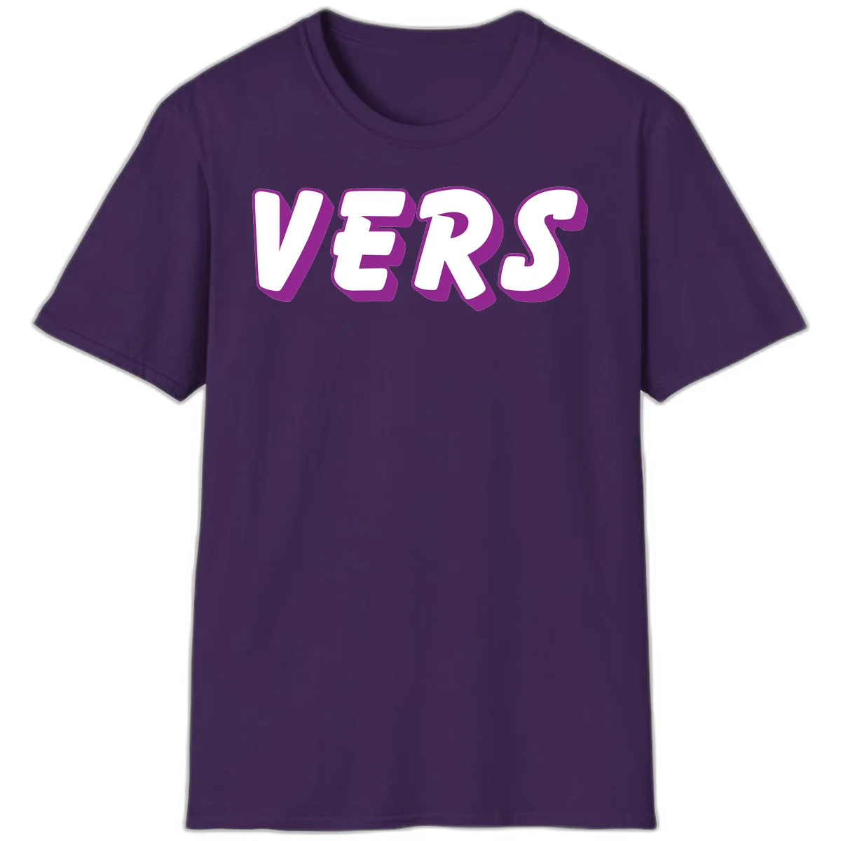 Bold purple and white 3D lettering spelling 'VERS' on gray background, vers pride statement design in Purple