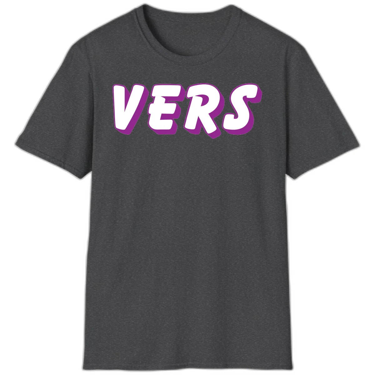 Bold purple and white 3D lettering spelling 'VERS' on gray background, vers pride statement design in Dark Heather