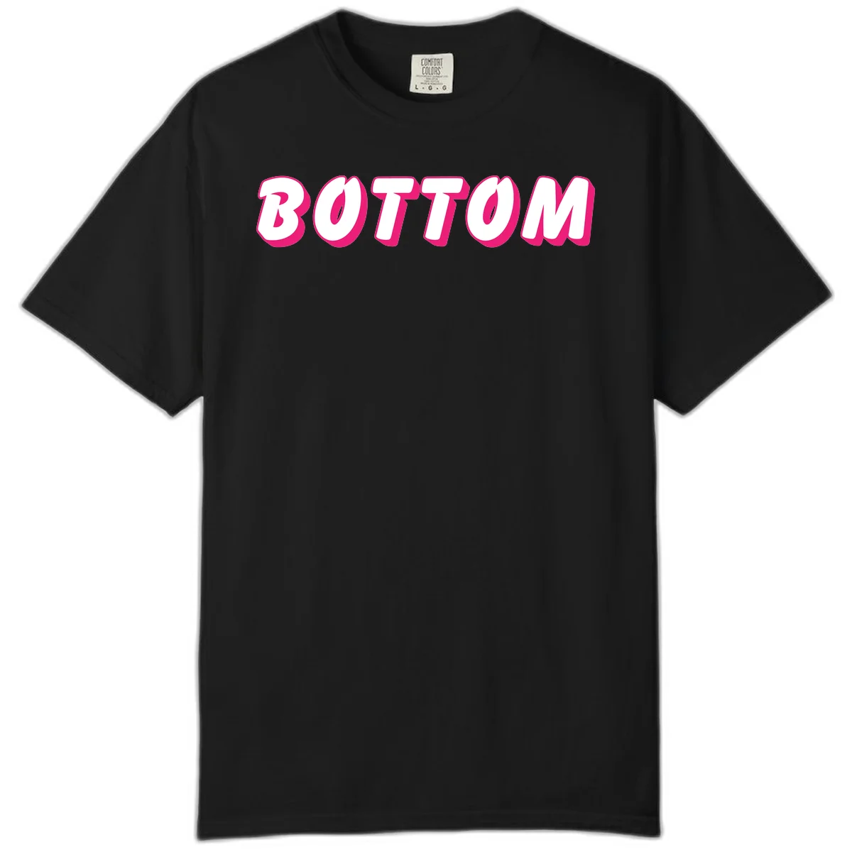 Bold magenta and white 'BOTTOM' text with 3D shadow effect on gray background in Black