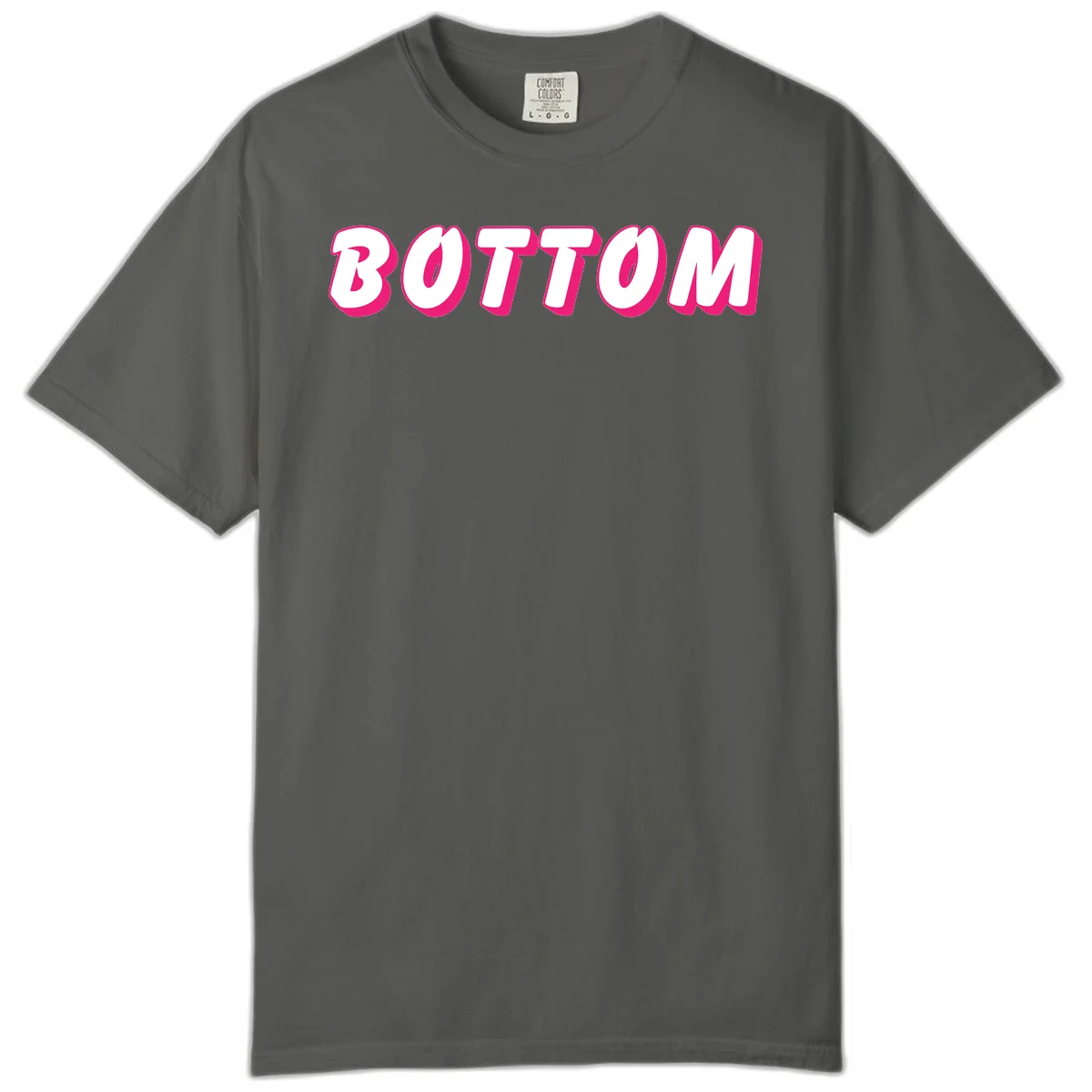 Bold magenta and white 'BOTTOM' text with 3D shadow effect on gray background in Pepper