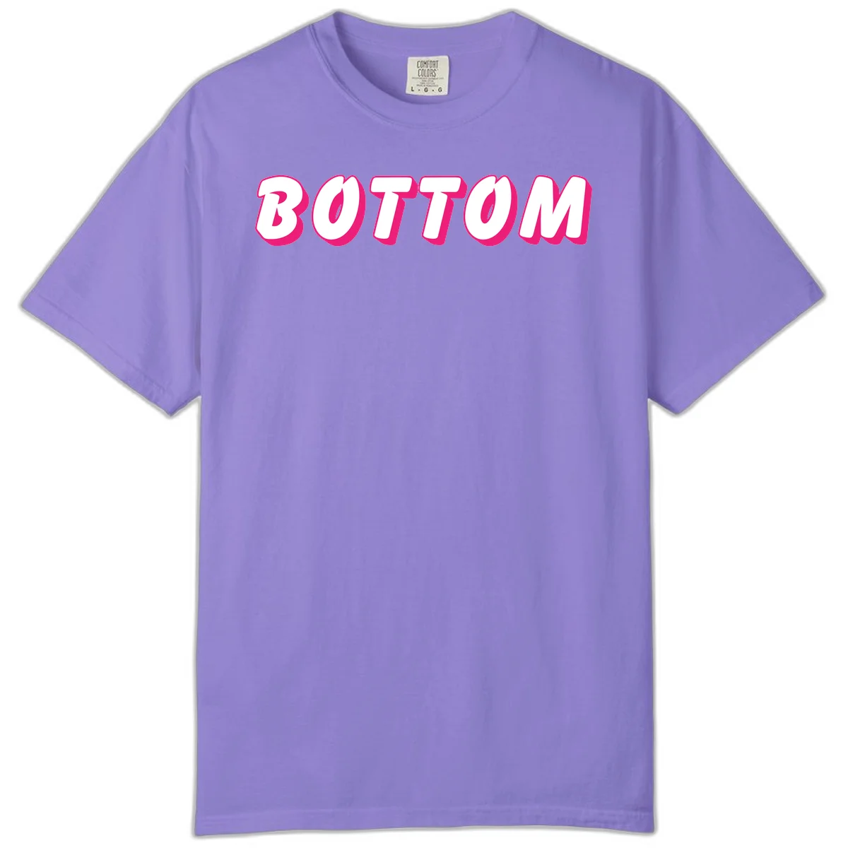 Bold magenta and white 'BOTTOM' text with 3D shadow effect on gray background in Violet