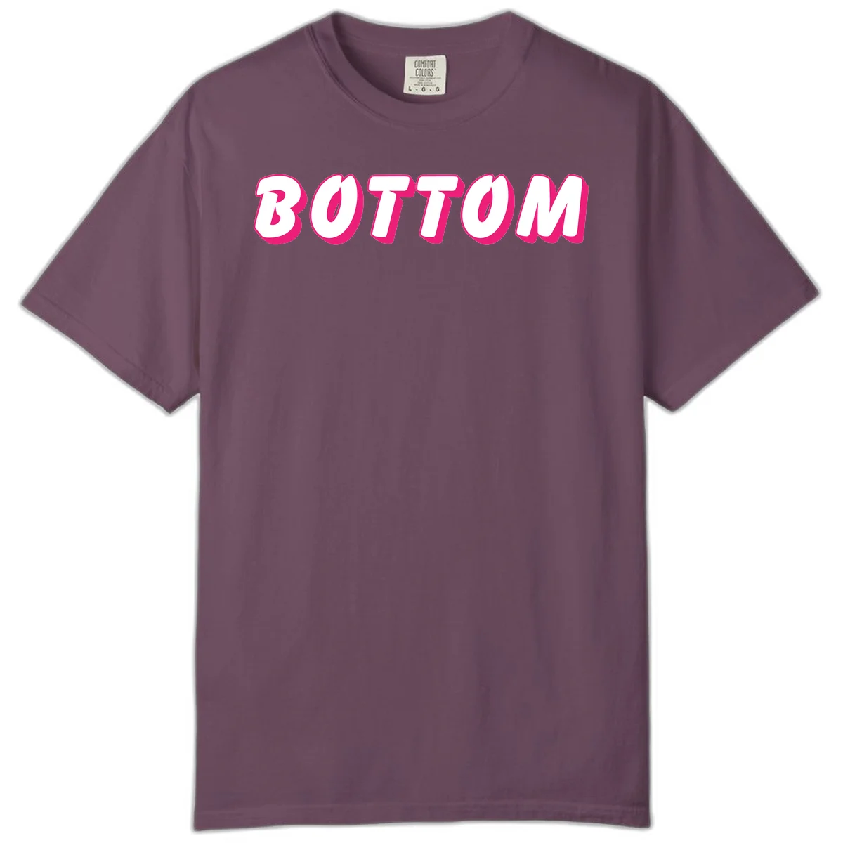 Bold magenta and white 'BOTTOM' text with 3D shadow effect on gray background in Berry