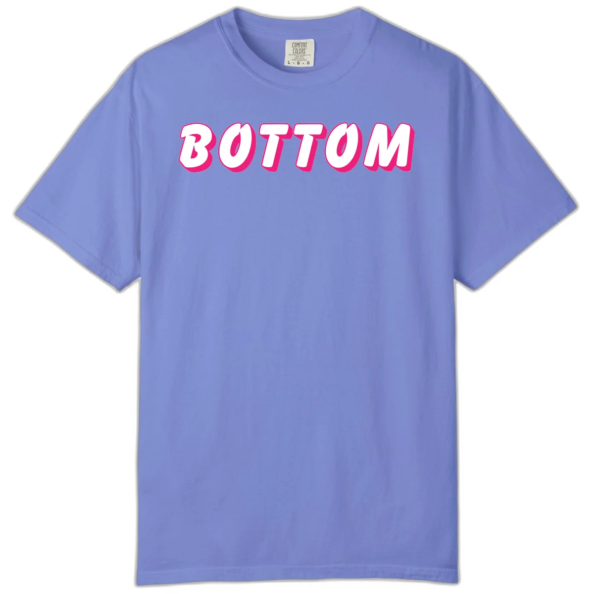 Bold magenta and white 'BOTTOM' text with 3D shadow effect on gray background in Flo Blue