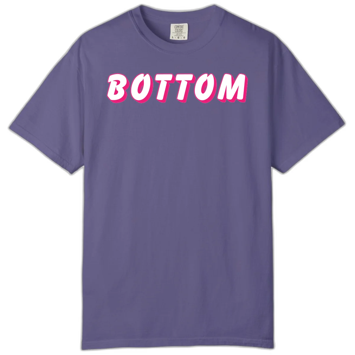 Bold magenta and white 'BOTTOM' text with 3D shadow effect on gray background in Grape