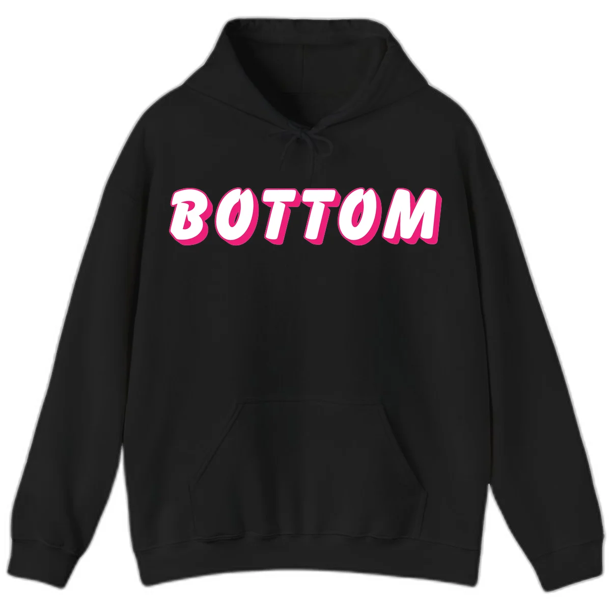 Bold magenta and white 'BOTTOM' text with 3D shadow effect on gray background in Black