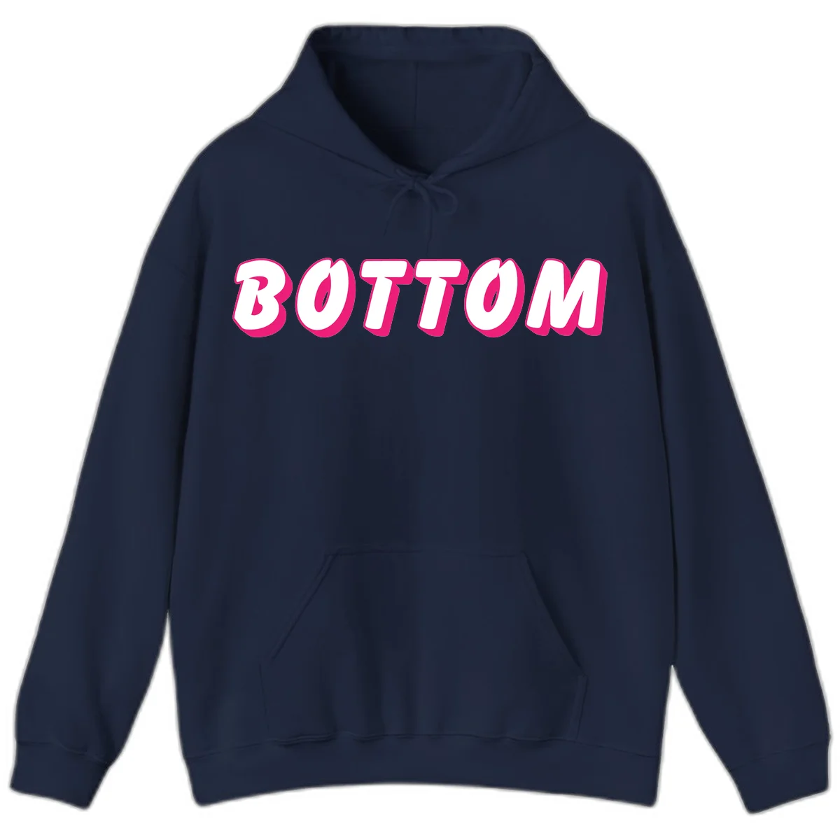 Bold magenta and white 'BOTTOM' text with 3D shadow effect on gray background in Navy