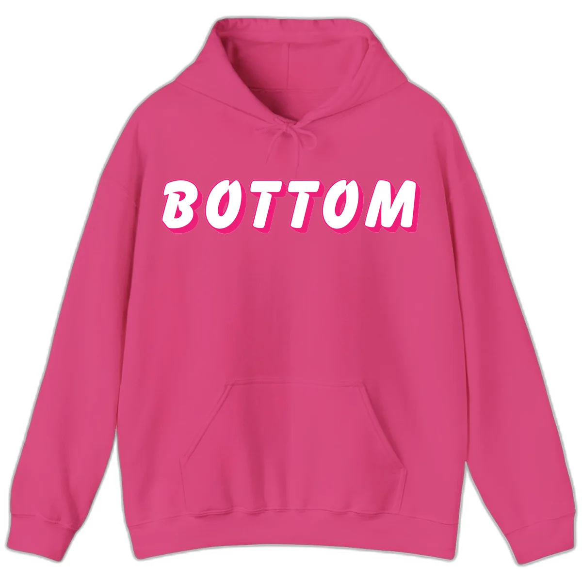 Bold magenta and white 'BOTTOM' text with 3D shadow effect on gray background in Heliconia