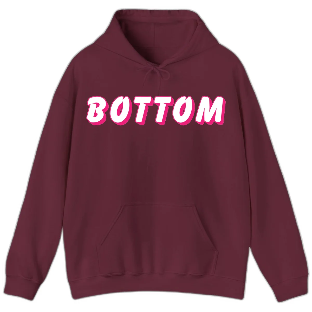 Bold magenta and white 'BOTTOM' text with 3D shadow effect on gray background in Maroon