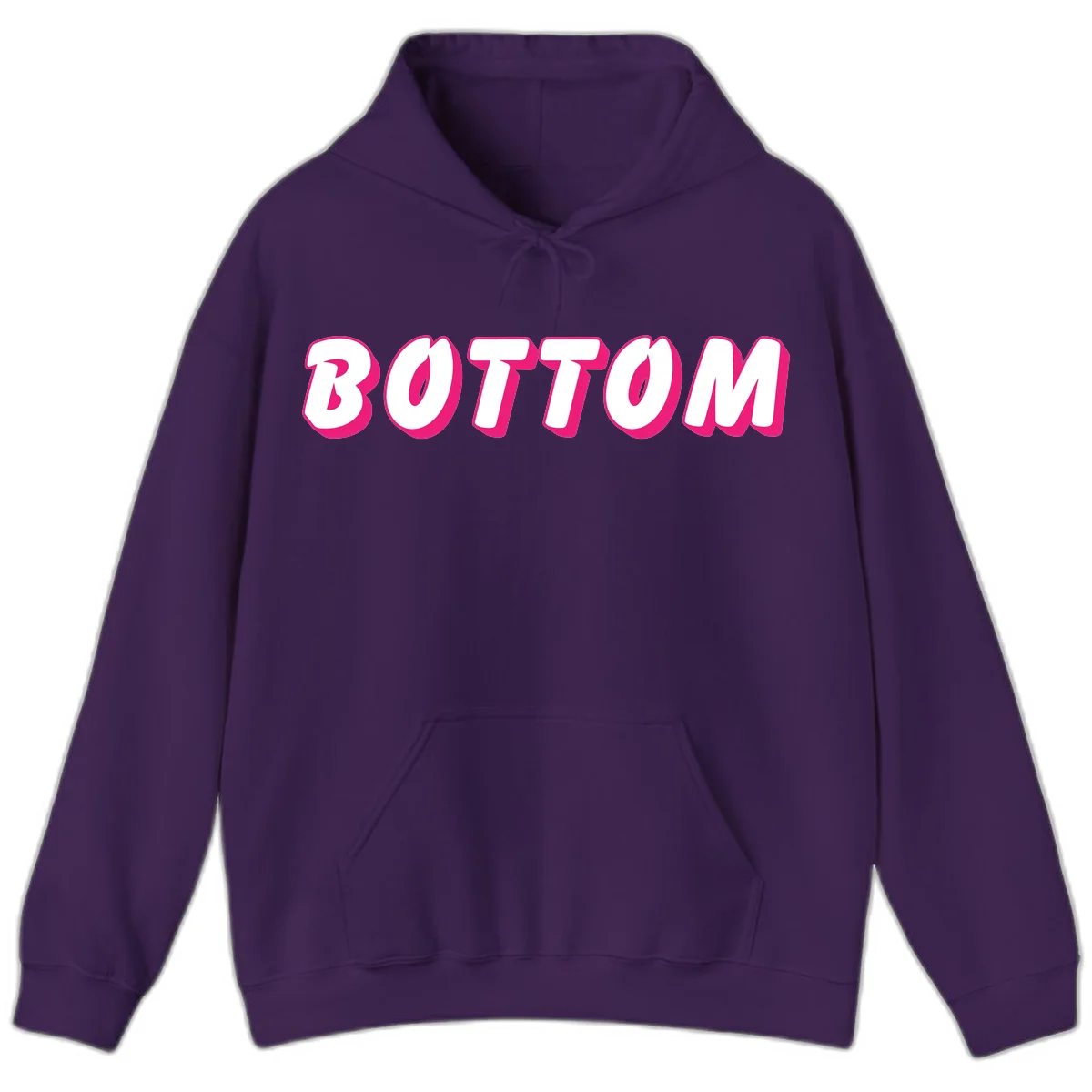 Bold magenta and white 'BOTTOM' text with 3D shadow effect on gray background in Purple