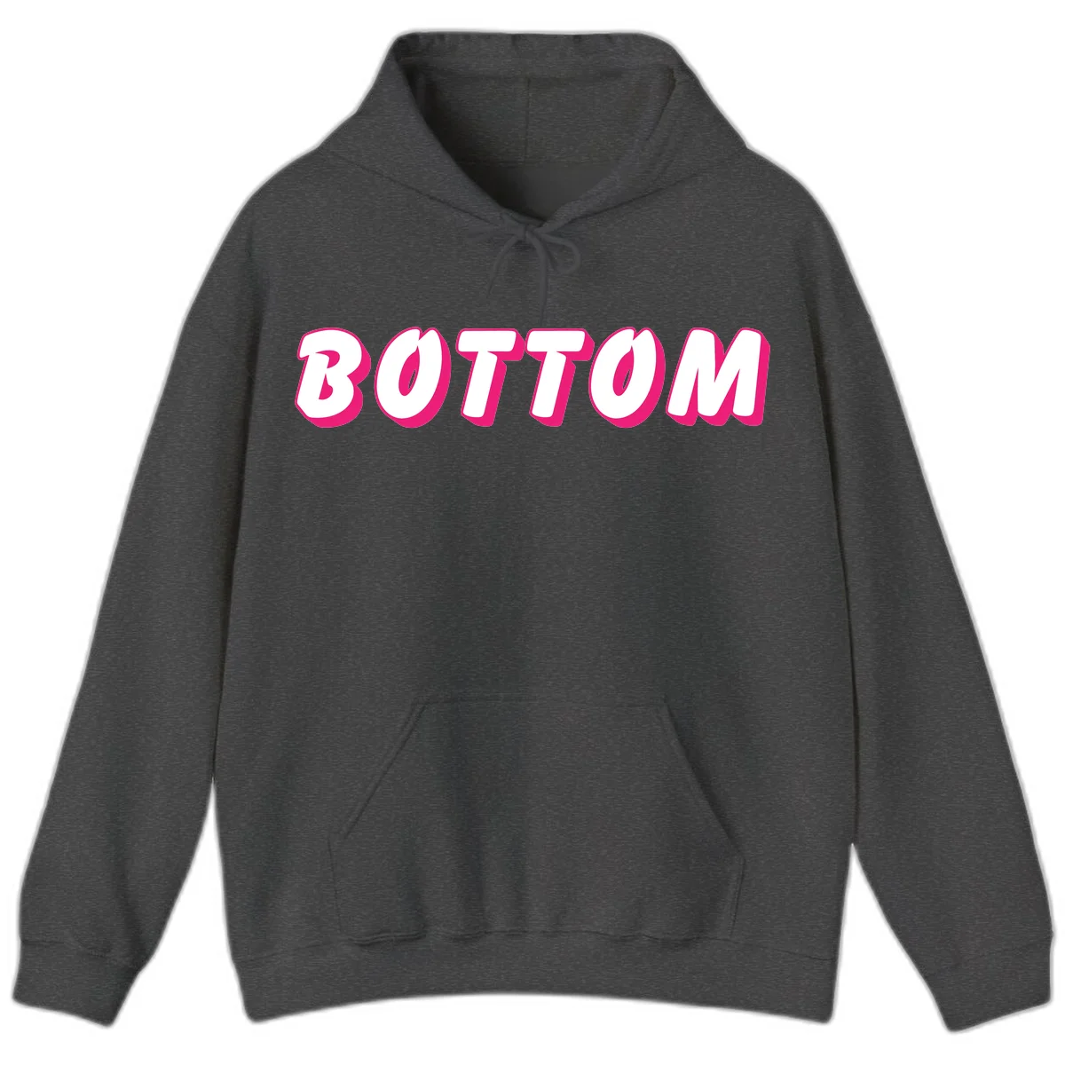 Bold magenta and white 'BOTTOM' text with 3D shadow effect on gray background in Dark Heather